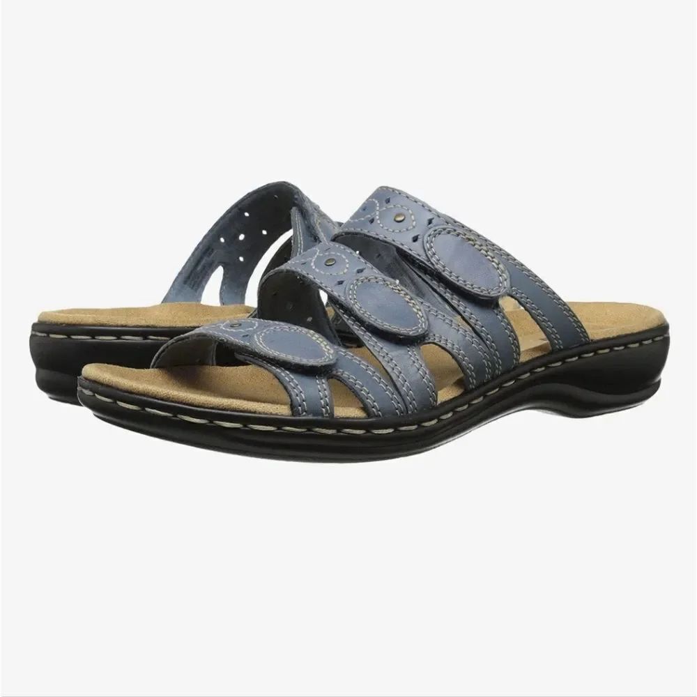 CLARKS LEISA CACTI Q PREMIUM LEATHER SLIP ON DESIGN HOOK-AND LOOP STRAP SANDAL